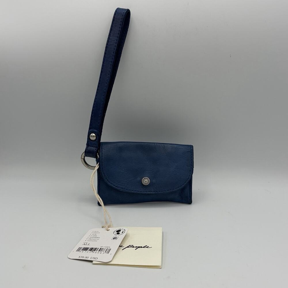 Free People Lapis Blue Leather Snap Wristlet Cards New With Tags 5” X 3”